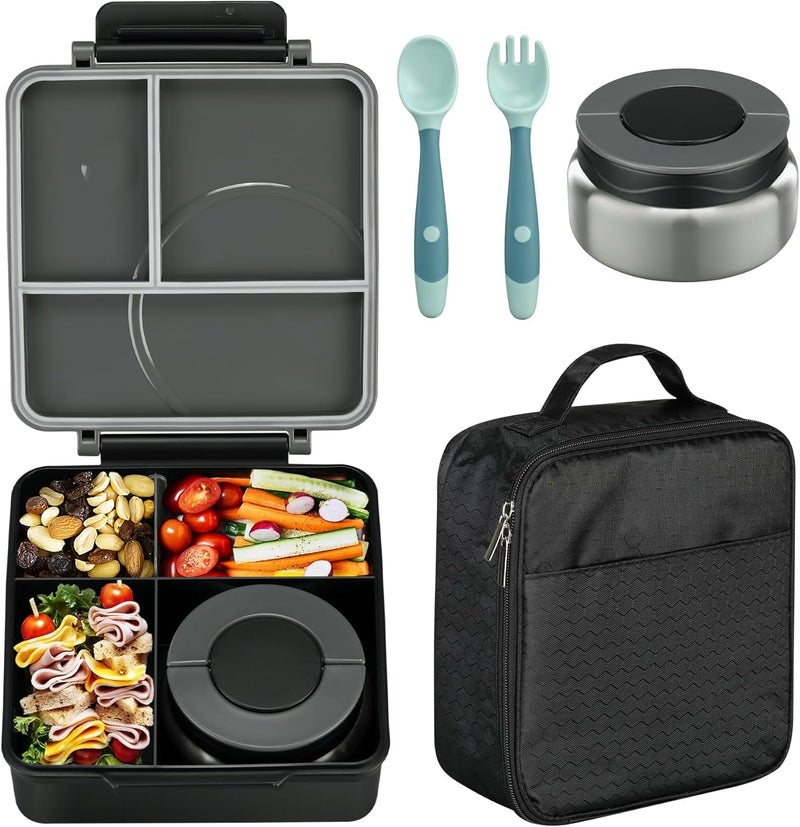 Howeemo Bento Lunch Box Set for Kids with 8oz Soup Thermo, Leak-Proof Lunch Containers with 4 Compartment, Kids Thermo Hot Food Jar and Insulated Lunch Bag for Kid to School-Black - Image 1